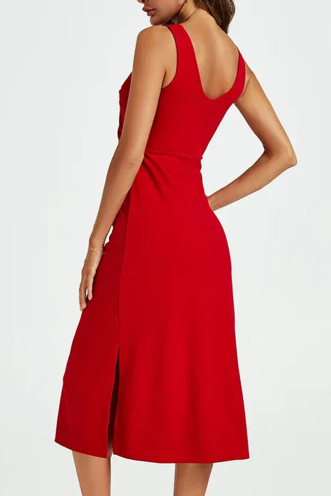 V Neck Knot Front Slim-fit Exquisite tailoring Midi Dress In Red