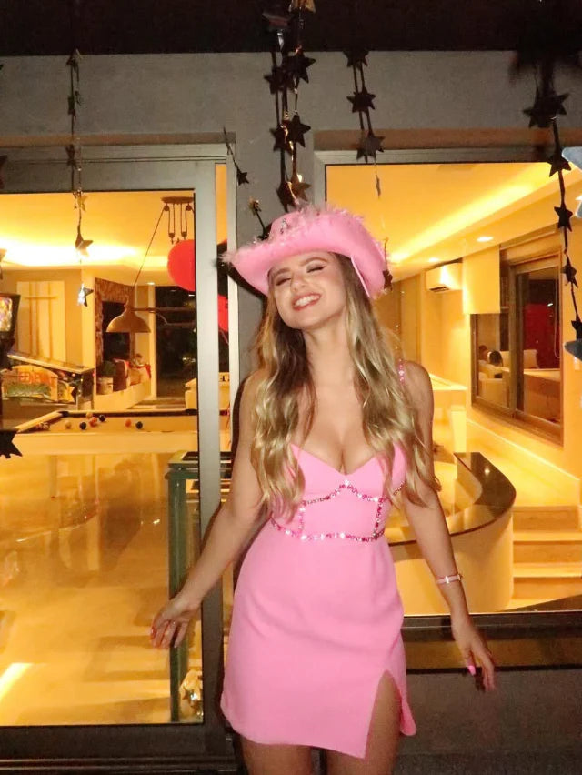 Pink Sheath Spaghetti Strap Sequin  Homecoming Dress Satin Short Birthday Dress