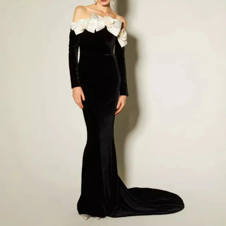 Full of charm Velvet Bow Off Shoulder Strapless Floor-Length Prom Dress