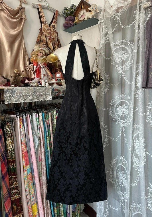 Halter Neck Jacquard Velvet A-Line Backless Stunning Black Party Dresses