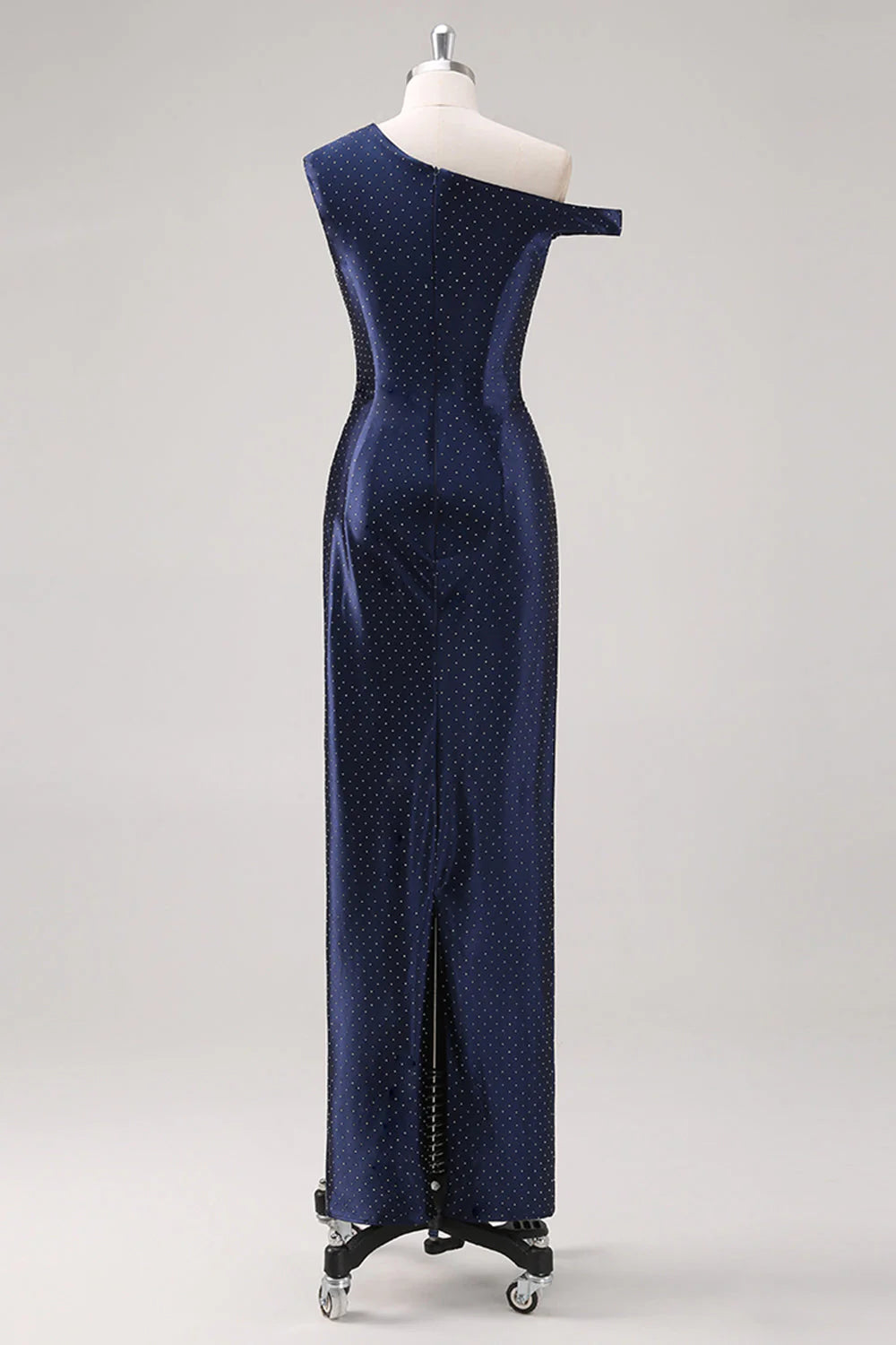 Navy Sheath Polka dot tights One Shoulder Beaded Formal Dress