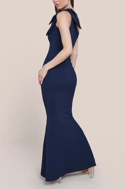 Slim-fit One Shoulder Satin Ribbon Scuba Crepe Bridesmaids Maxi Dress