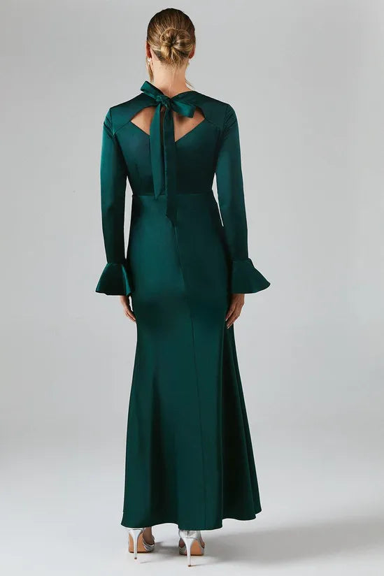 Long Sleeve Flute Hem Satin Elegant and gentle Bridesmaid Dress