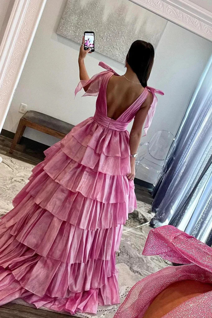 Beautiful Backless Pink Tulle Open Back V Neck Long Formal Evening Dresses