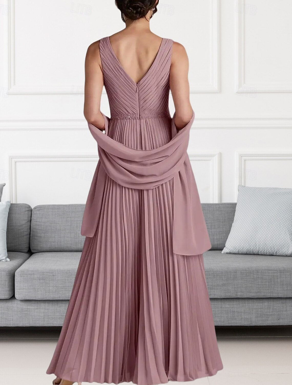 A-Line Mother of the Bride Dress Wedding Guest Elegant V Neck Floor Length Chiffon Sleeveless Wrap Included with Beading Ruching