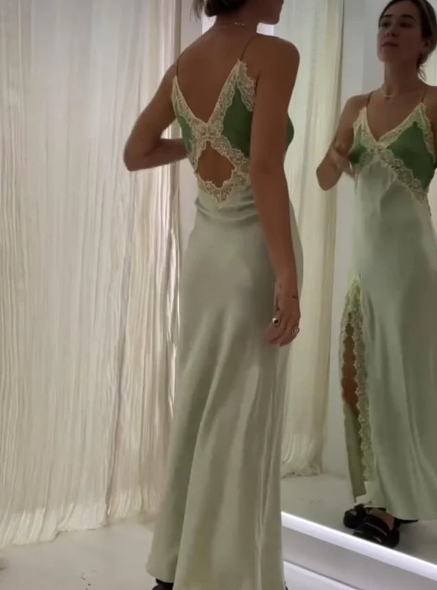 Gentle Sheath Spaghetti Strap Lace Green Satin Prom Dress with Slit