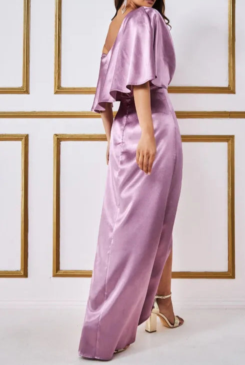 Full of charm Satin Drape Shoulder Wrap Maxi Bridesmaids Dress