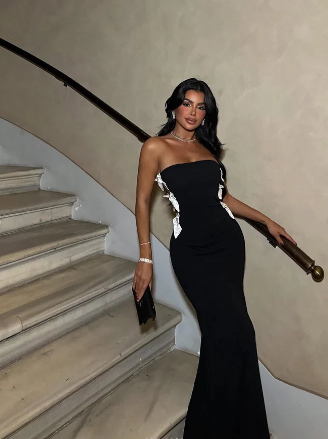 Elegant Mermaid Strapless Black Satin Long Prom Dress Evening Dress with Slit