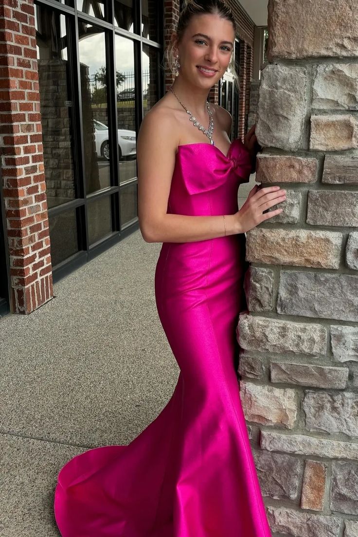 Hot Pink Bow Satin Long Prom Dress Mermaid Strapless Evening Dress