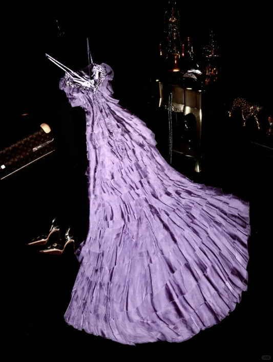 Vintage Mermaid Spaghetti Strap Purple Sequin Beaded Satin Long Sweep Party Dress