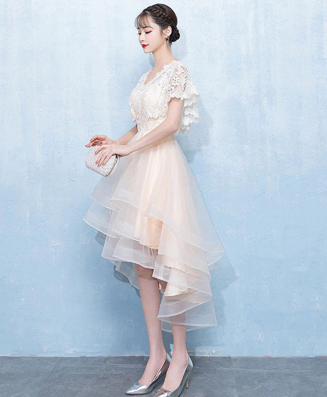 Champagne Tulle Lace Short Prom Dress, Retract Your Waist Homecoming Dress