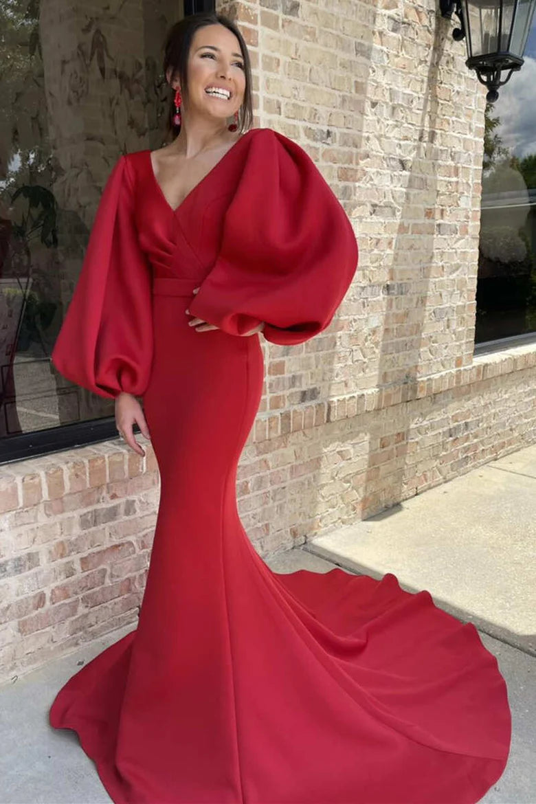 Red V-Neck Balloon Sleeve Mermaid Mother of the Bride Dress