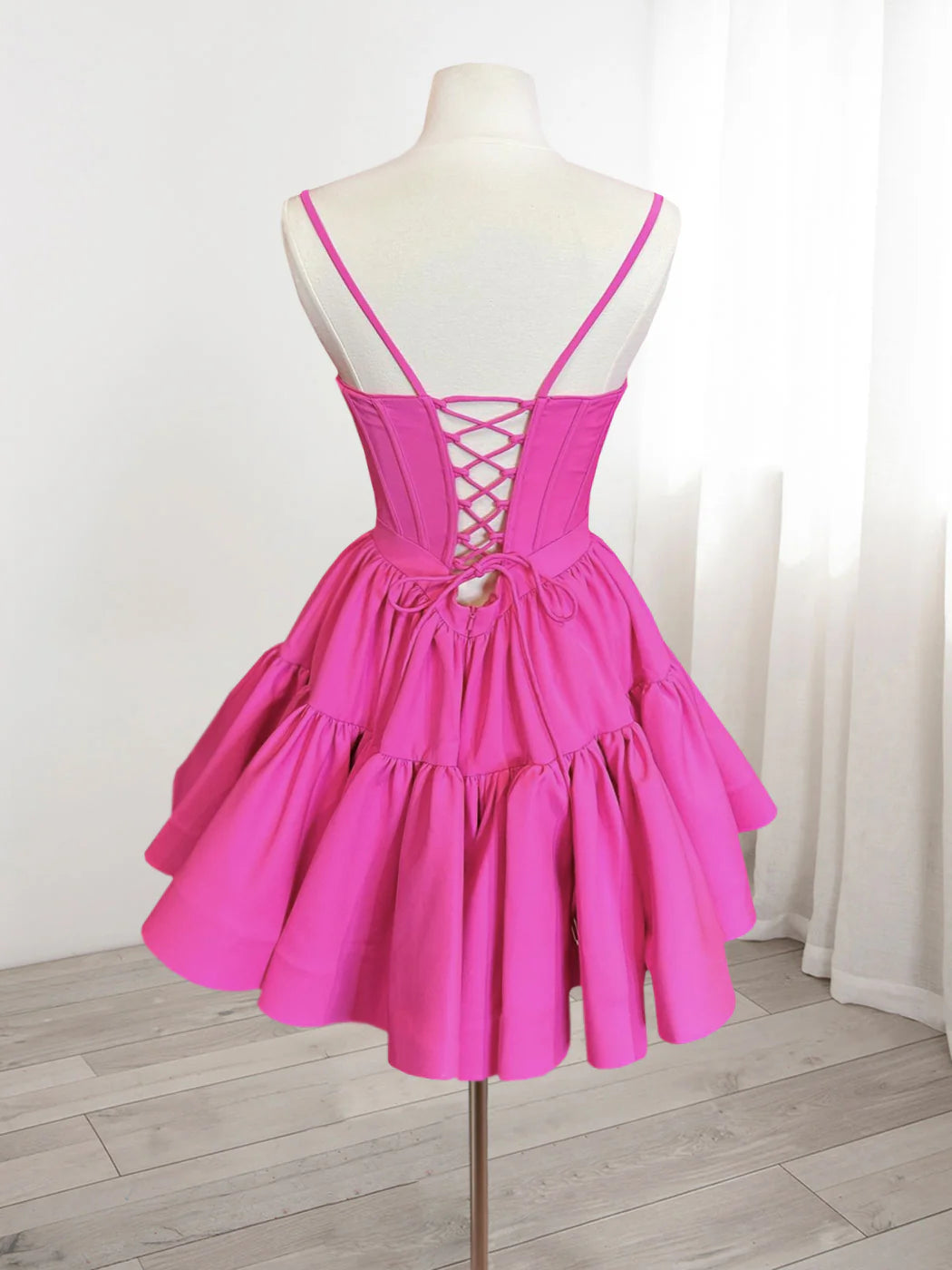 A-Line Pink Satin Short Prom Dress, Backless Cute Unique design Homecoming Dress