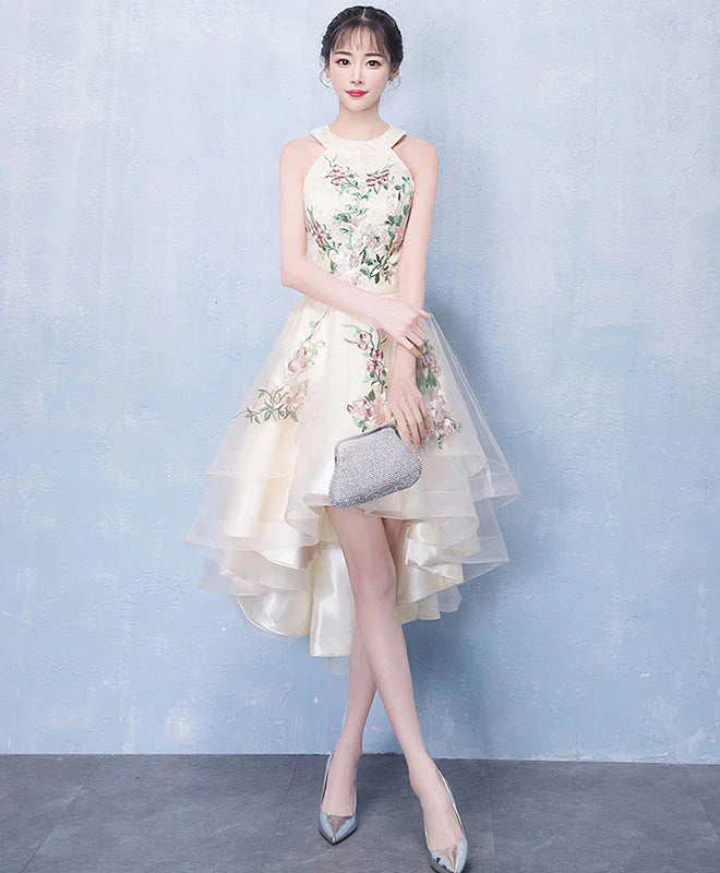 Light Champagne Tulle Lace Short Prom Dress, Unique design Homecoming Dress