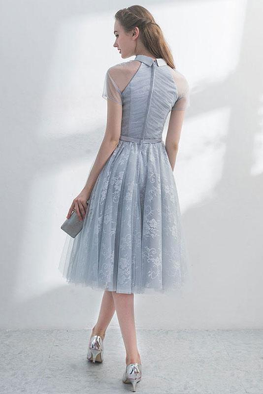 Cute Short Prom Dress with Lace A Line Short Sleeves Tulle Homecoming Dress with Lace