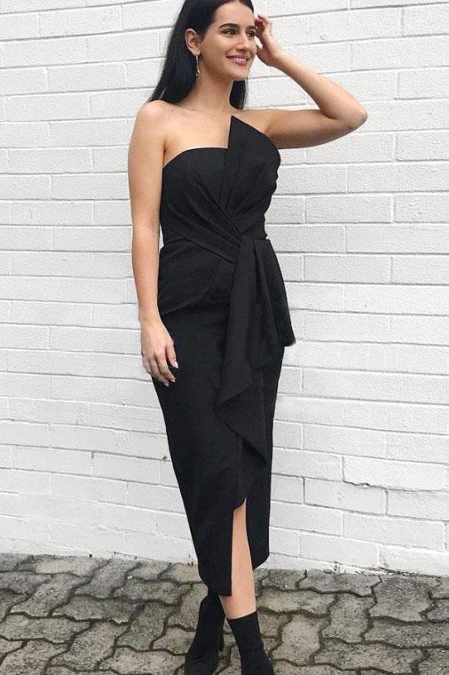 Unique Black Strapless Sheath Full of charm Tea Length Bridesmaid Dress