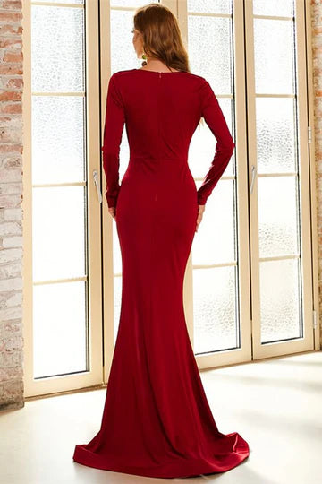 Burgundy Queen Anne Long Sleeve Slim-fit Mermaid Long Evening Dress