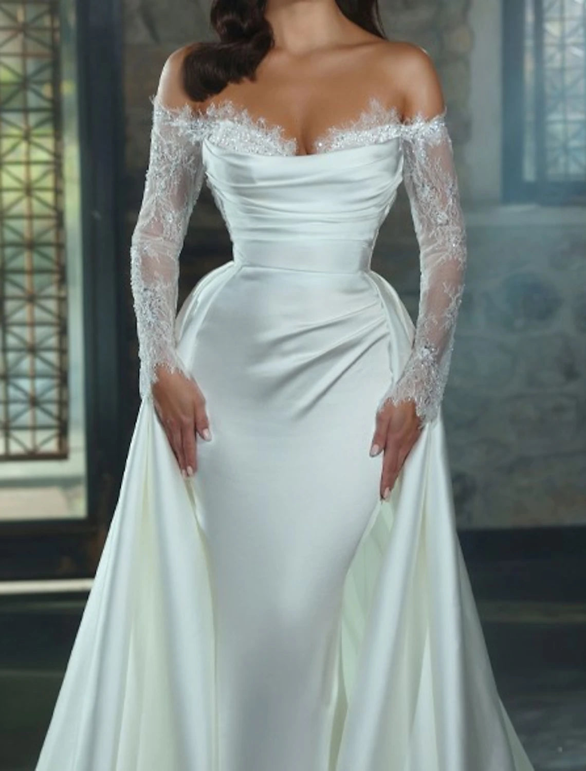 Sheath Off Shoulder Engagement Formal Wedding Dresses Long Sleeve Chapel Train Satin Bridal Gowns