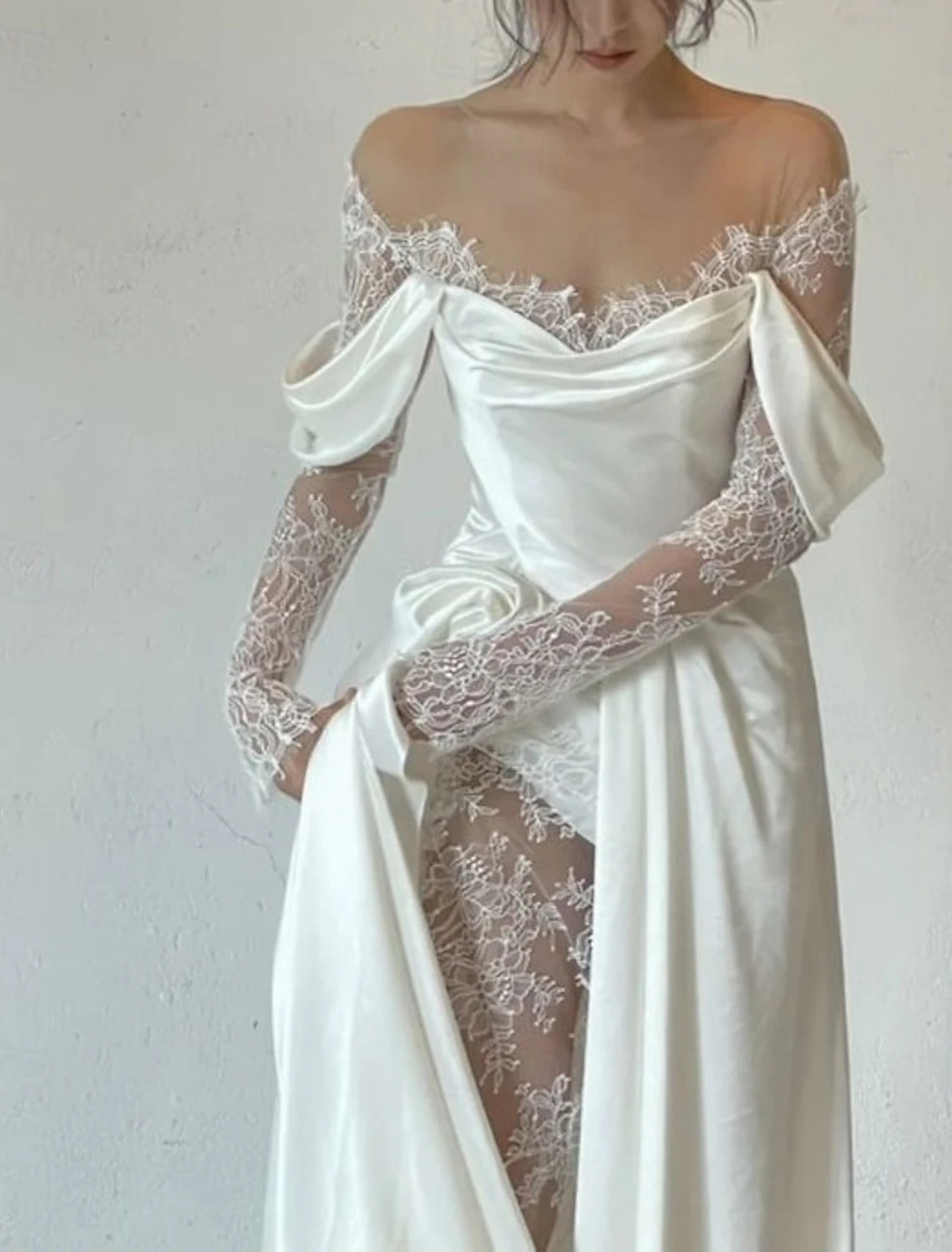 Floor Length Satin Wedding Dresses A-Line Illusion Neck Long Sleeve Bridal Gowns With Flower