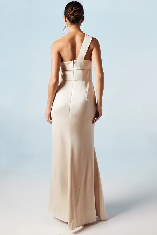 Asymmetric Unique design Neckline Satin One-Shoulder Sleeveless Bridesmaids Maxi Dress