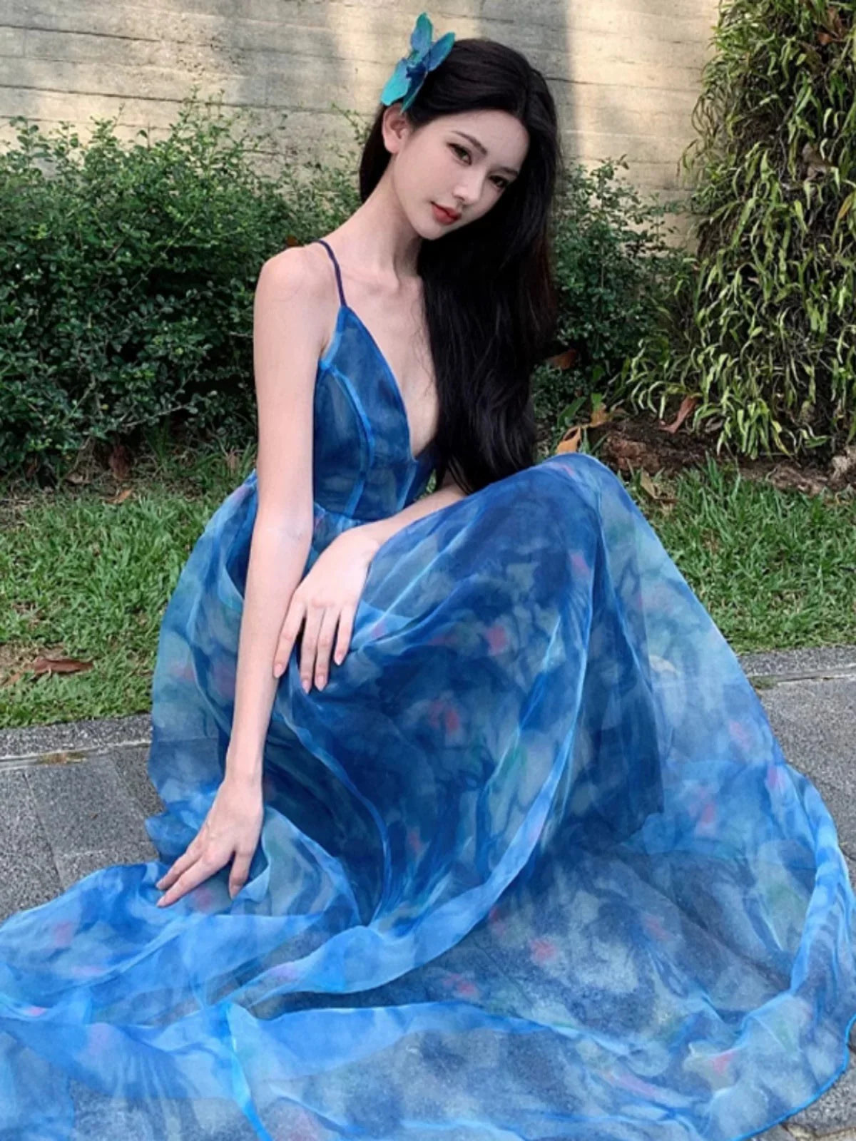 Spaghetti Straps Blue Floral Backless Holiday Beach Dress Women's Long Sexy A line Prom Dresses