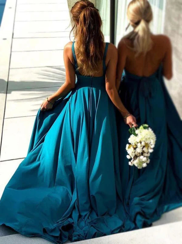 Sexy Plunging Neck Satin Chiffon Long Evening Bridesmaid Dress with Split