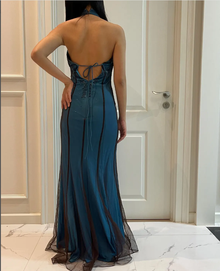 Vintage Niki Livas Teal Beaded Halter Gown Backless Mermaid Prom Dress