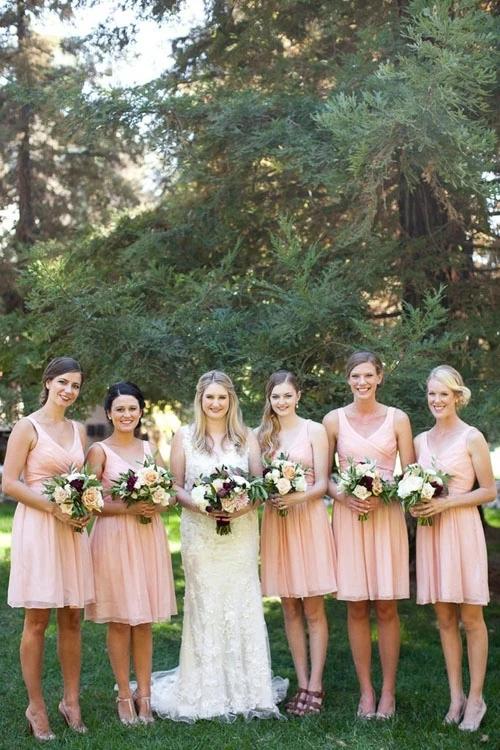 Simple A-line Pink V-neck Chiffon Short Bridesmaid Dresses Retract Your Waist Wedding Party Dress