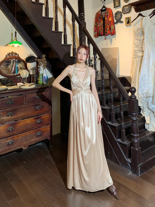 Classic A Line Halter Sequin Champagne Satin Open Back Long Prom Dress