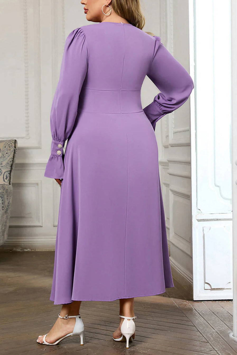 Violet V Neck Long Sleeve Plain Retract Your Waist Midi Bodycon Prom Dress