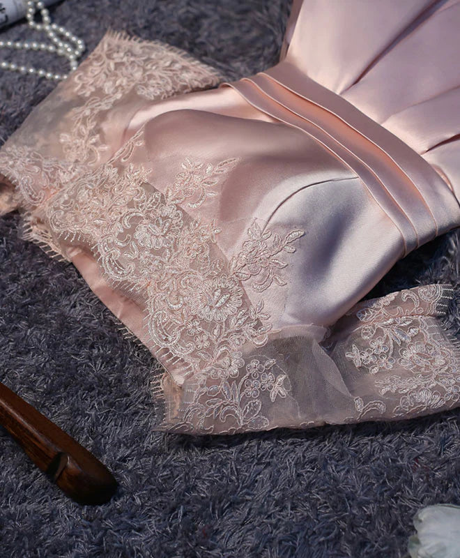 Pink A Line Satin Lace Short Prom Dress, Full of charm Homecoming Dress