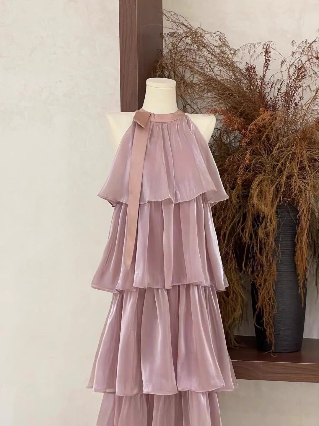 Cute A line Scoop Ruffled Long Women's Rose Pink Vacation Homecoming Dresses