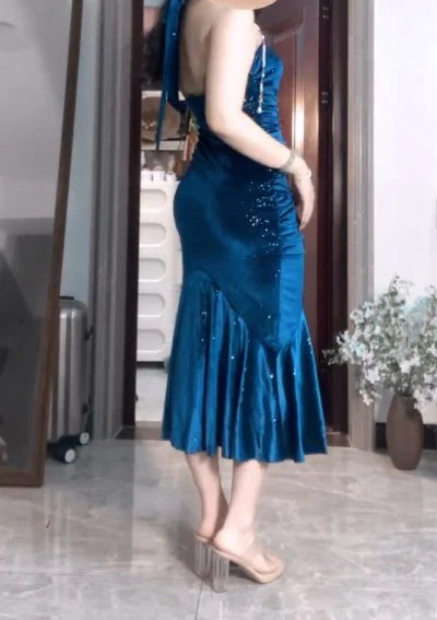 Pleated Mermaid Satin Open Back Prom Dress Elegant Blue Birthday Dress