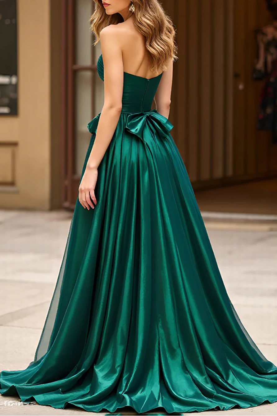 Unique design Dark Green Long A Line Sweetheart Prom Dress With Bow