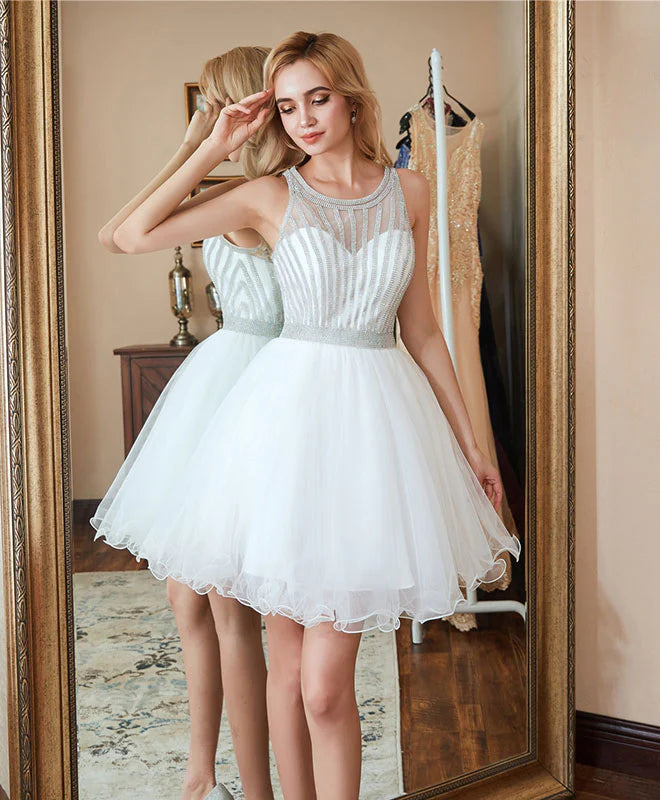 White Tulle Short Prom Dress, Retract Your Waist Homecoming Dress