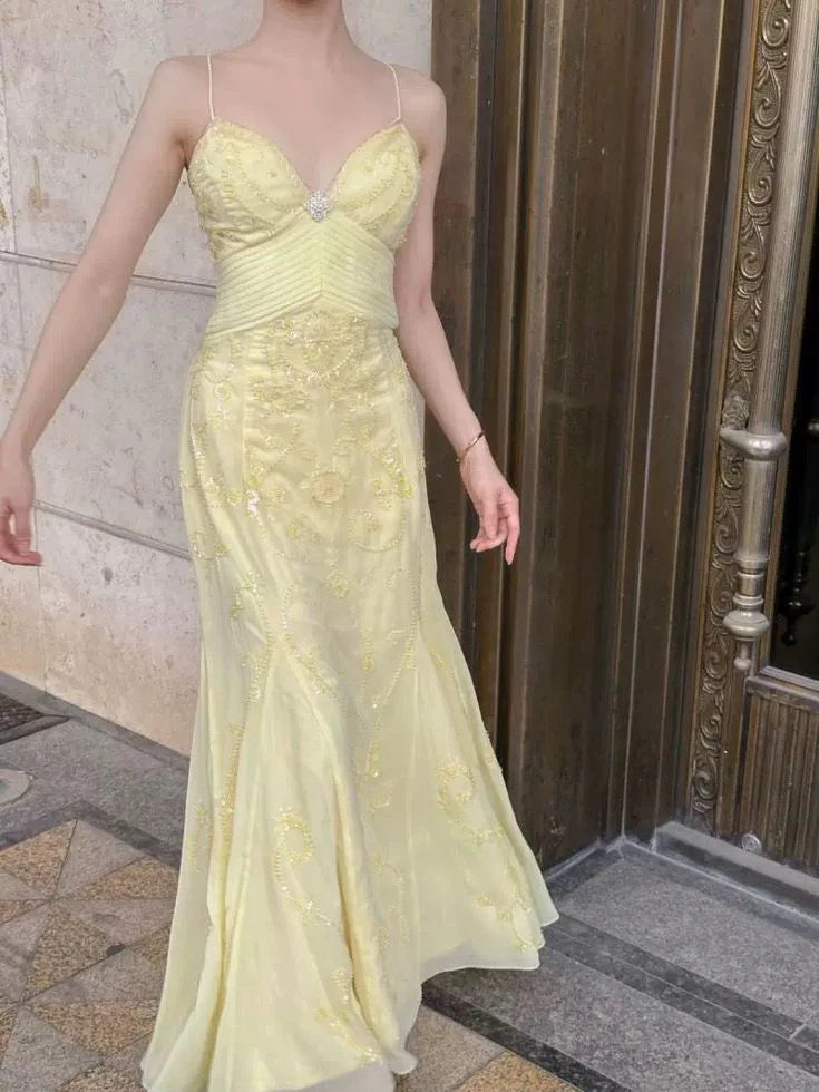 Spaghetti Straps Yellow Chiffon Long Prom Dresses Elegant Mermaid Evening Dress