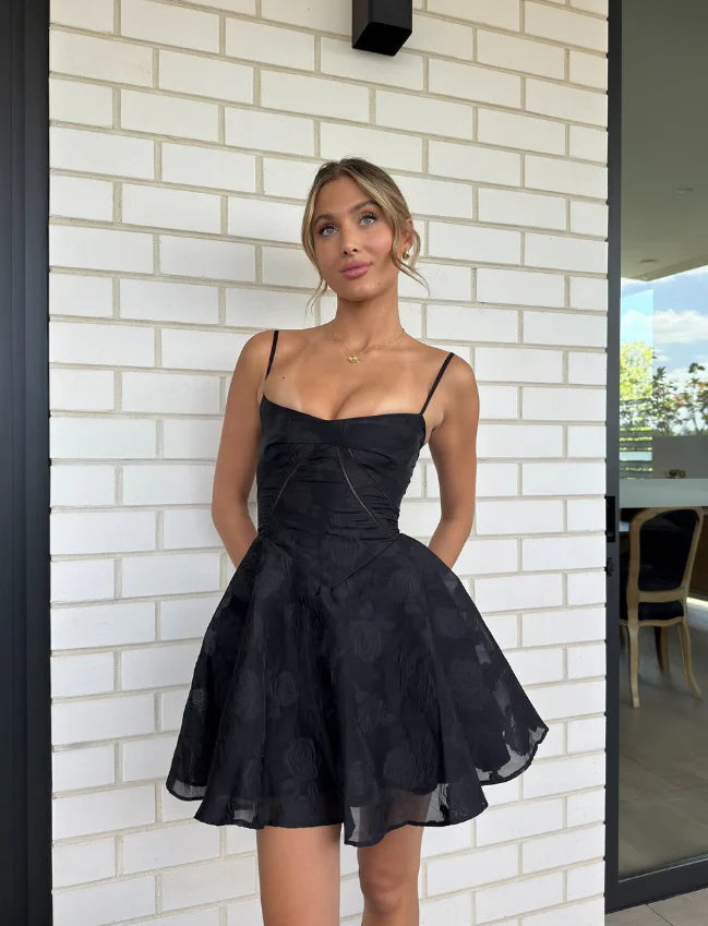 Cute A Line Spaghetti Strap Printed Floral Black Tulle Short Homecoming Dress Outfits