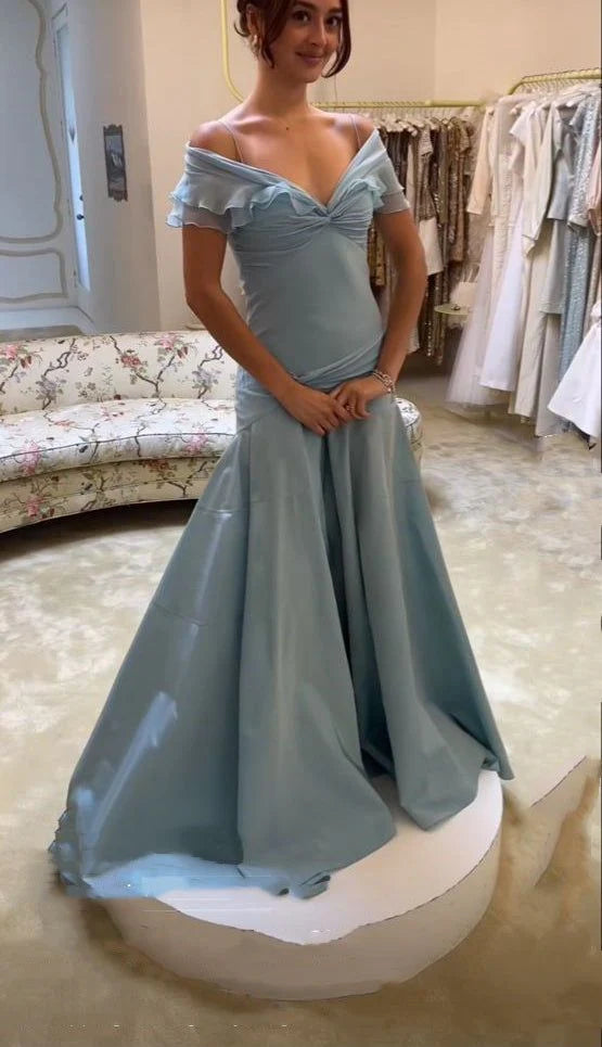Off-shoulder Long Prom Dresses Vintage Satin Chiffon Elegant Blue A-Line Formal Evening Dresses