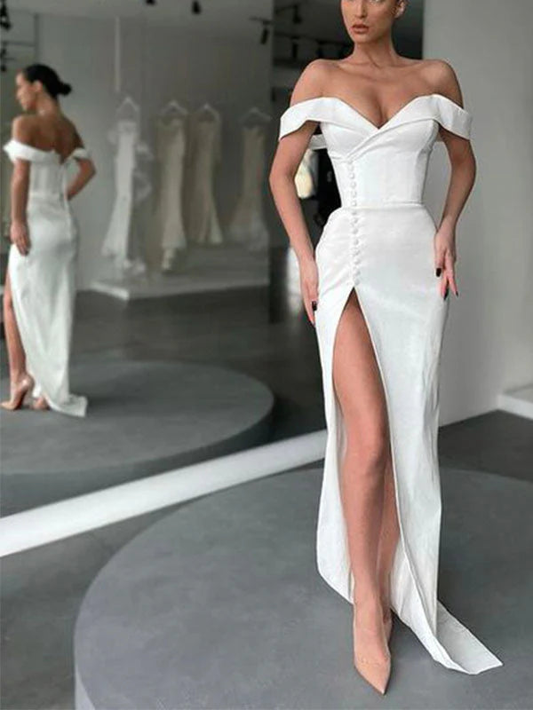 Mermaid Off-the-Shoulder Off-White Popular Long Elegant Retract Your Waist Prom Dresses