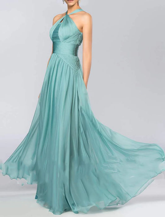 A-Line Bridesmaid Dress Halter Neck Sleeveless Elegant Floor Length Chiffon with Pleats