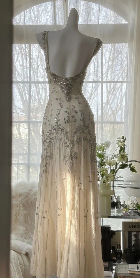 Ivory A Line Straps Beaded Chiffon Long Prom Dress Graduation Party Dress