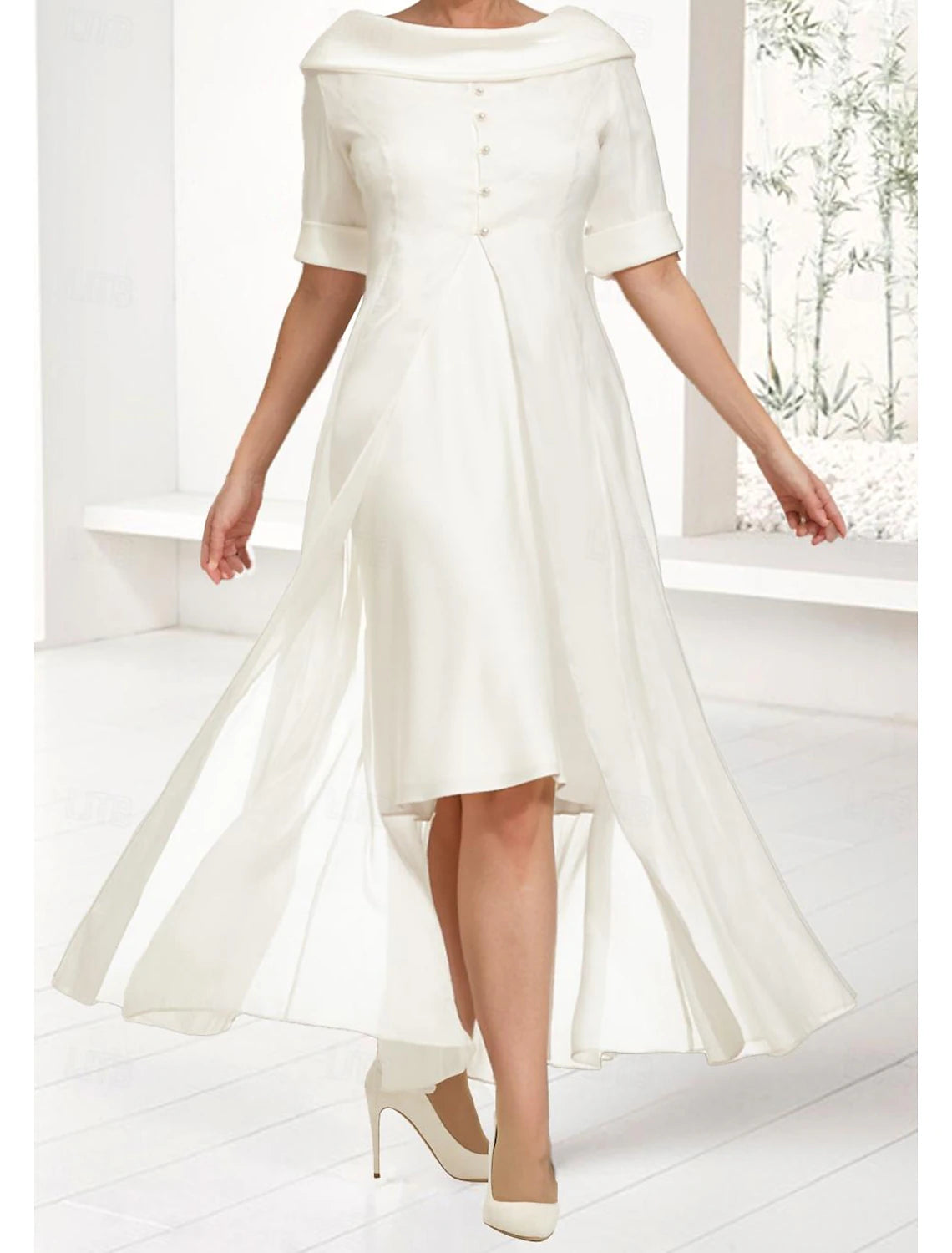 Beach Wedding Two Piece Sheath Mother of the Bride Dress Elegant Off Shoulder Knee Length Chiffon Half Sleeve Wrap Included with Buttons Solid Color 2025 free custom size