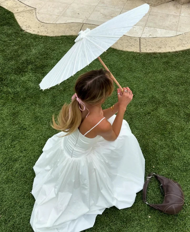 New A Line Spaghetti Strap White Satin Long Prom Dress Slim-fit Evening Dress