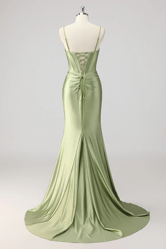 Beaded Corset Green Mermaid Bow Cut Out Satin Prom Dress with Slit