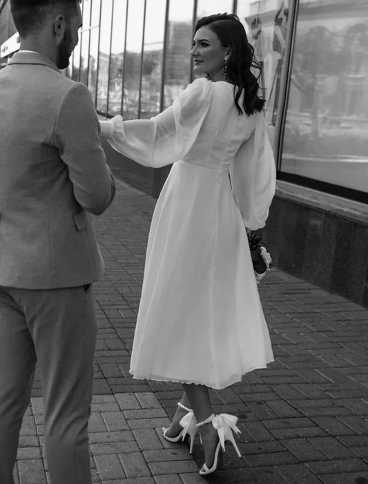 Beach Wedding Reception Little White Dress Bridal Shower Dresses Wedding Dresses A-Line V Neck Long Sleeve Ankle Length Chiffon Bridal Gowns With Solid Color