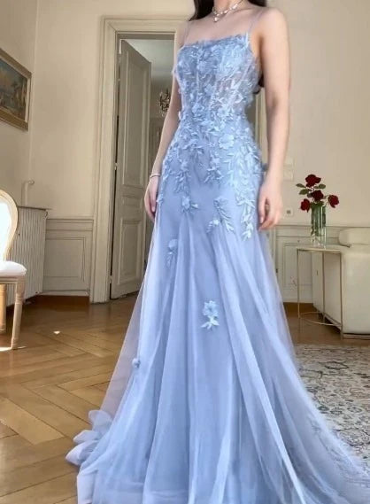 A-Line Spaghetti Strap Appliqué Long Prom Dress Elegant Blue Tulle Evening Dress