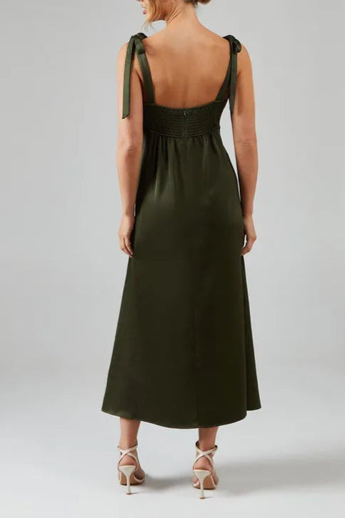 Satin Button Front Tie Shoulder Retract Your Waist Midi Bridesmaids Dress