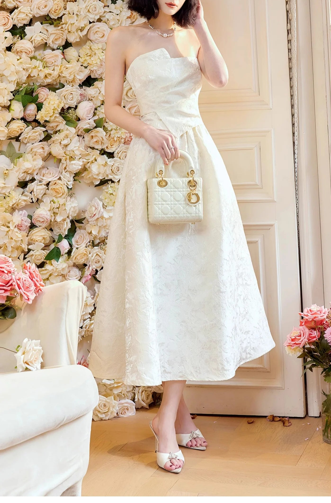 Strapless A-Line Jacquard Satin Evening Gowns Elegant Birthday Pretty Moonlight White Prom Dresses