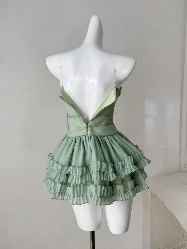 A-Line Tulle Short Prom Dresses Sweet Green Spaghetti Straps Homecoming Dress