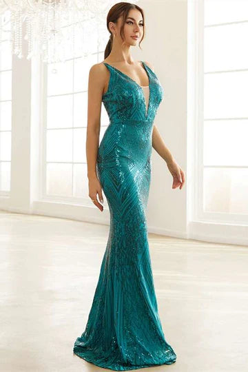 Teal Green Sequin Plunge Unique design V Mermaid Long Formal Dress